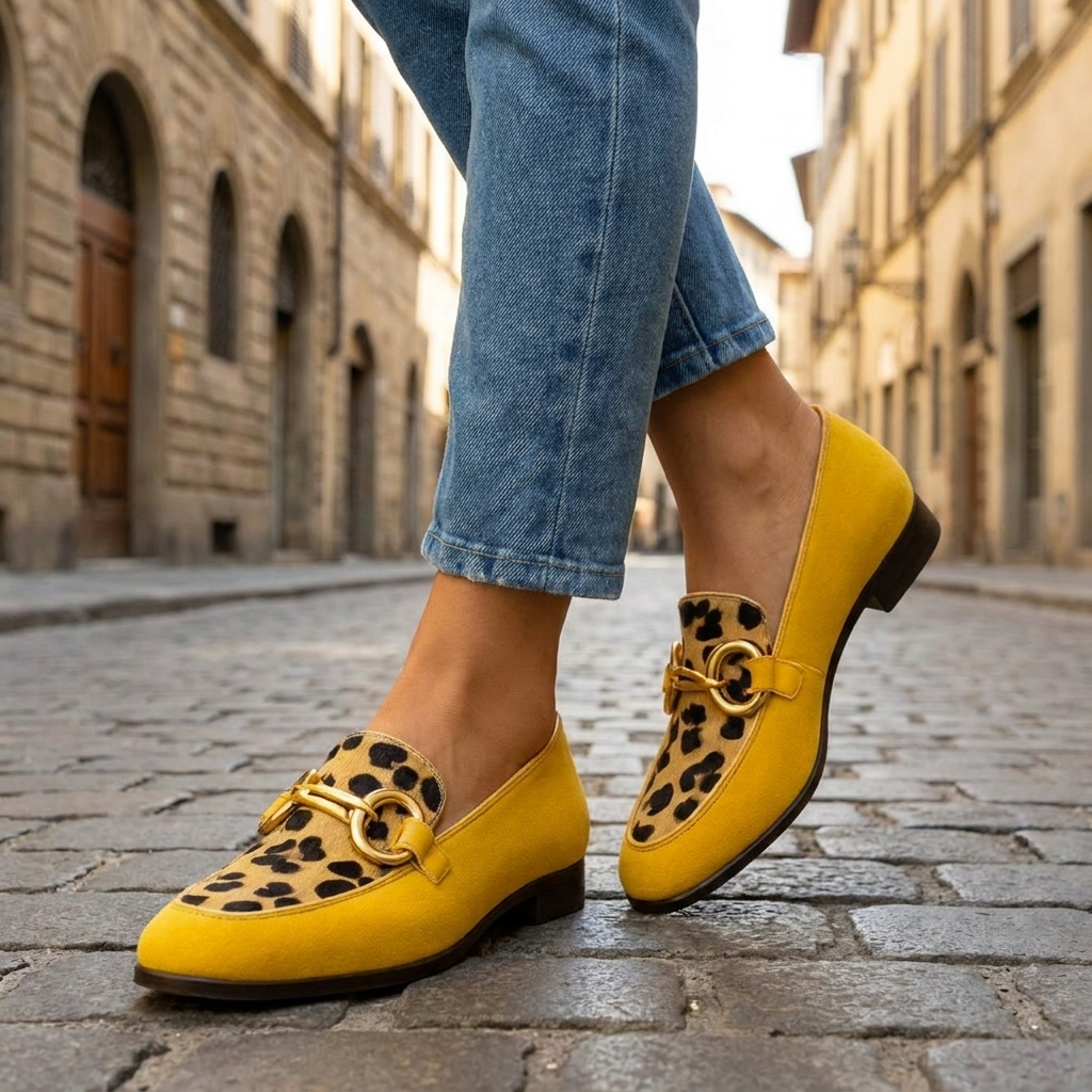 Solene | Animal Print Slip-On Slippers | Women's Flat, Buckle Accent | Yellow