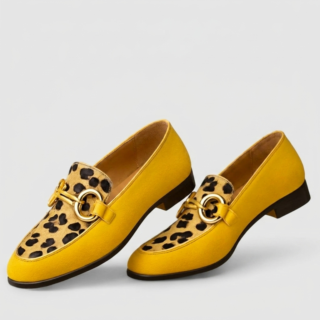 Solene | Animal Print Slip-On Slippers | Women's Flat, Buckle Accent | Yellow