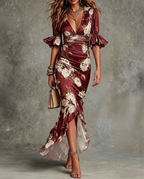 Wynne | Women's Floral Satin Dress | Midi, V-Neck, Ruched Waist
