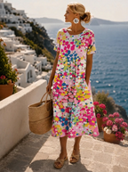 Floral Dress Women Midi Length Short Sleeve Lightweight Flowy