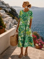 Floral Dress Women Midi Length Short Sleeve Lightweight Flowy