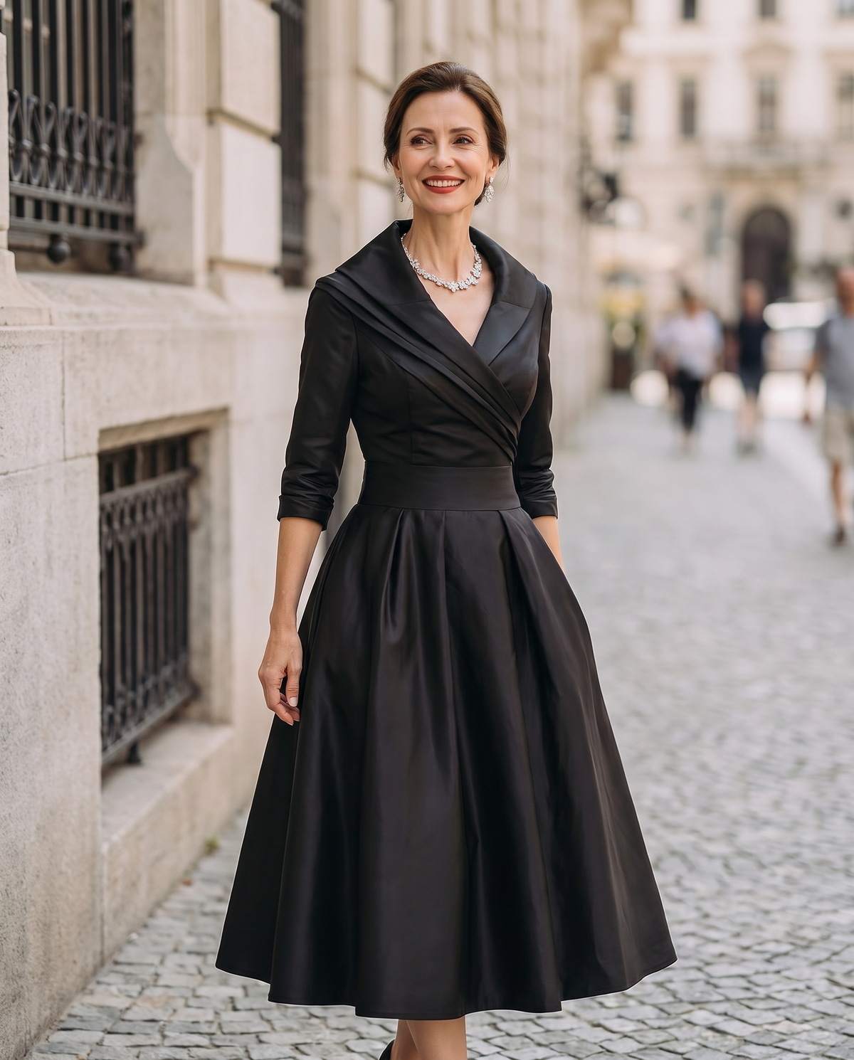 Women Midi Dress Vintage A-Line Shawl Collar 3/4 Sleeve | Zinnia