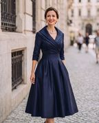 Women Midi Dress Vintage A-Line Shawl Collar 3/4 Sleeve | Zinnia