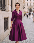Women Midi Dress Vintage A-Line Shawl Collar 3/4 Sleeve | Zinnia
