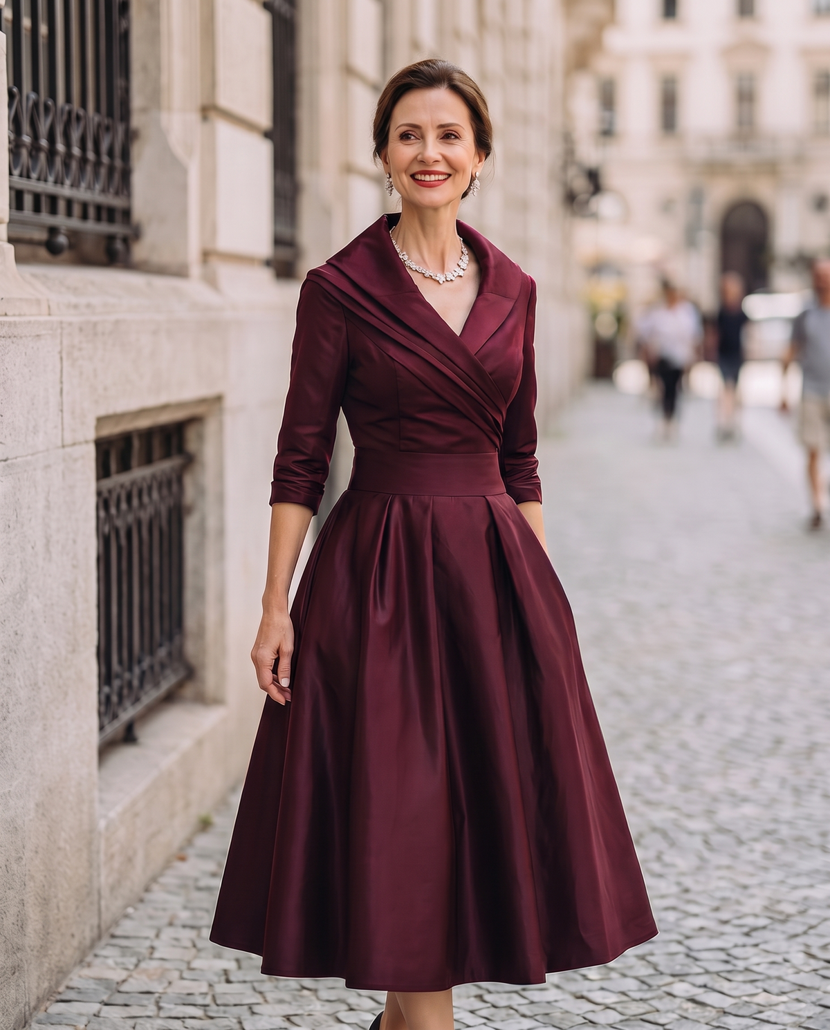 Women Midi Dress Vintage A-Line Shawl Collar 3/4 Sleeve | Zinnia