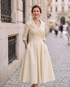 Women Midi Dress Vintage A-Line Shawl Collar 3/4 Sleeve | Zinnia