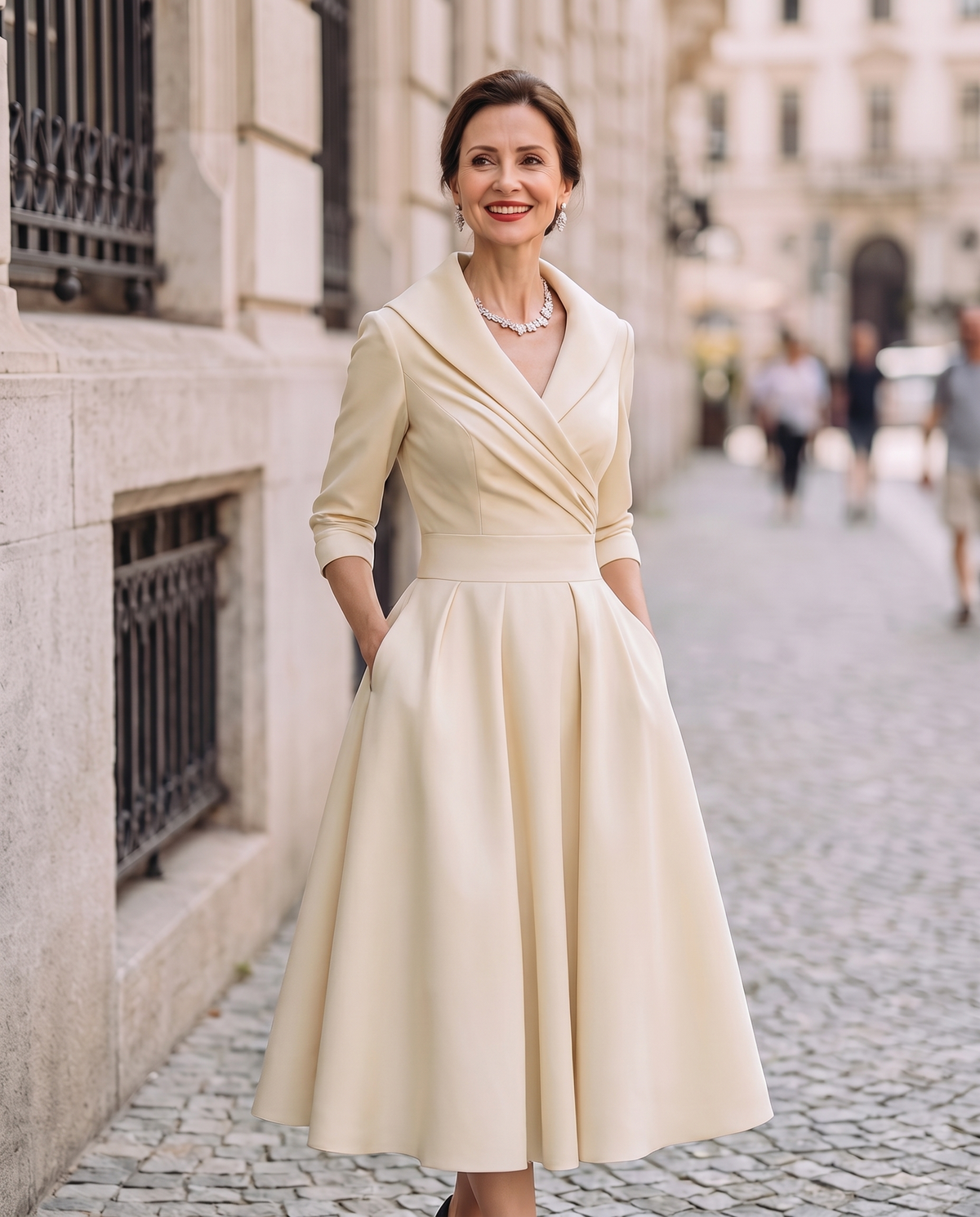 Women Midi Dress Vintage A-Line Shawl Collar 3/4 Sleeve | Zinnia
