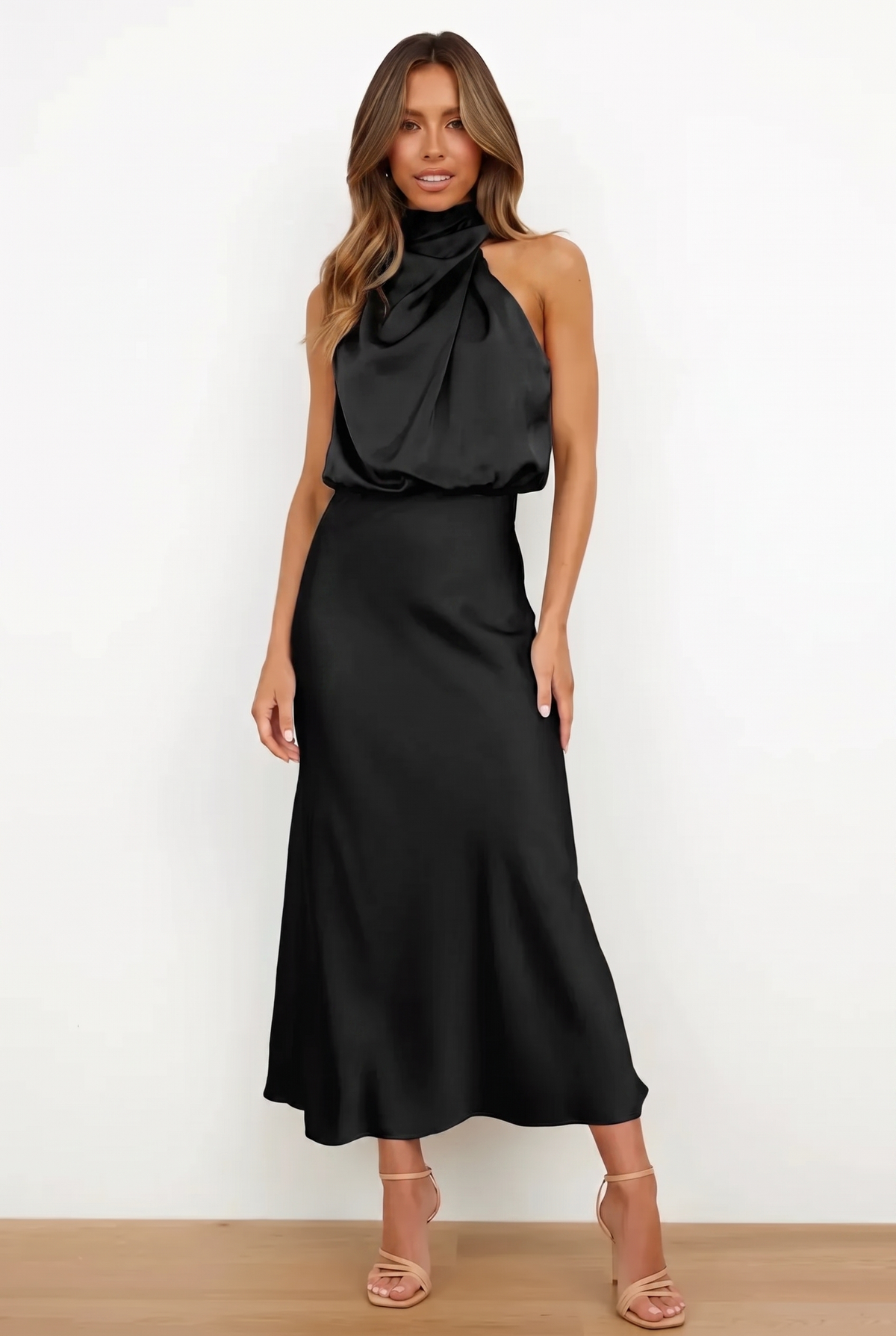 Women Halterneck Maxi Dress Draped Sleeveless Evening | Soraya