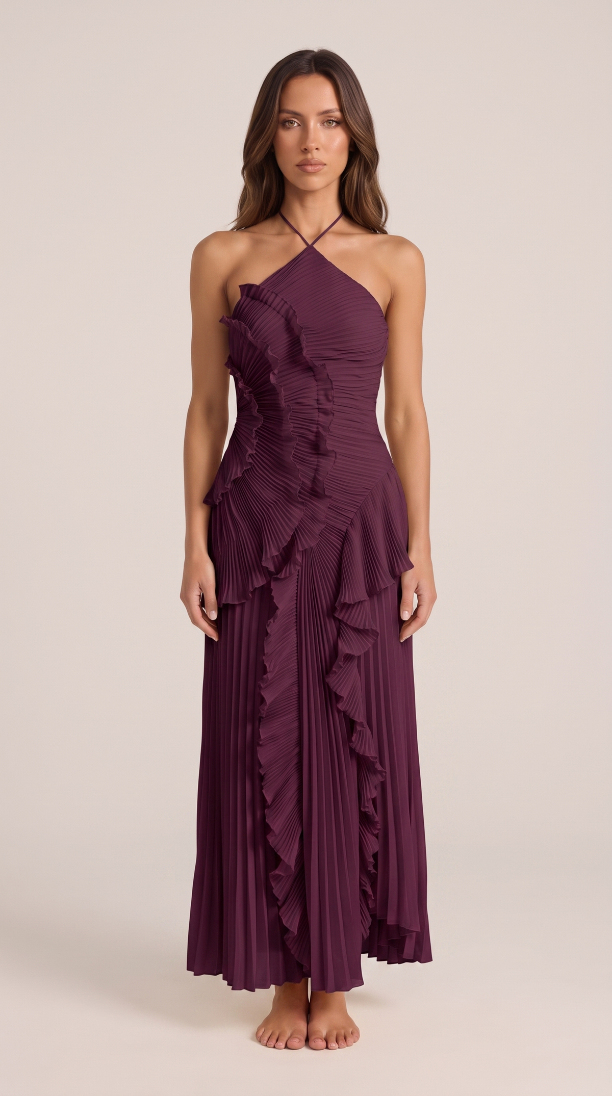 Halterneck Maxi Dress Women Ruffle Asymmetric Hem Sleeveless | Yvaine