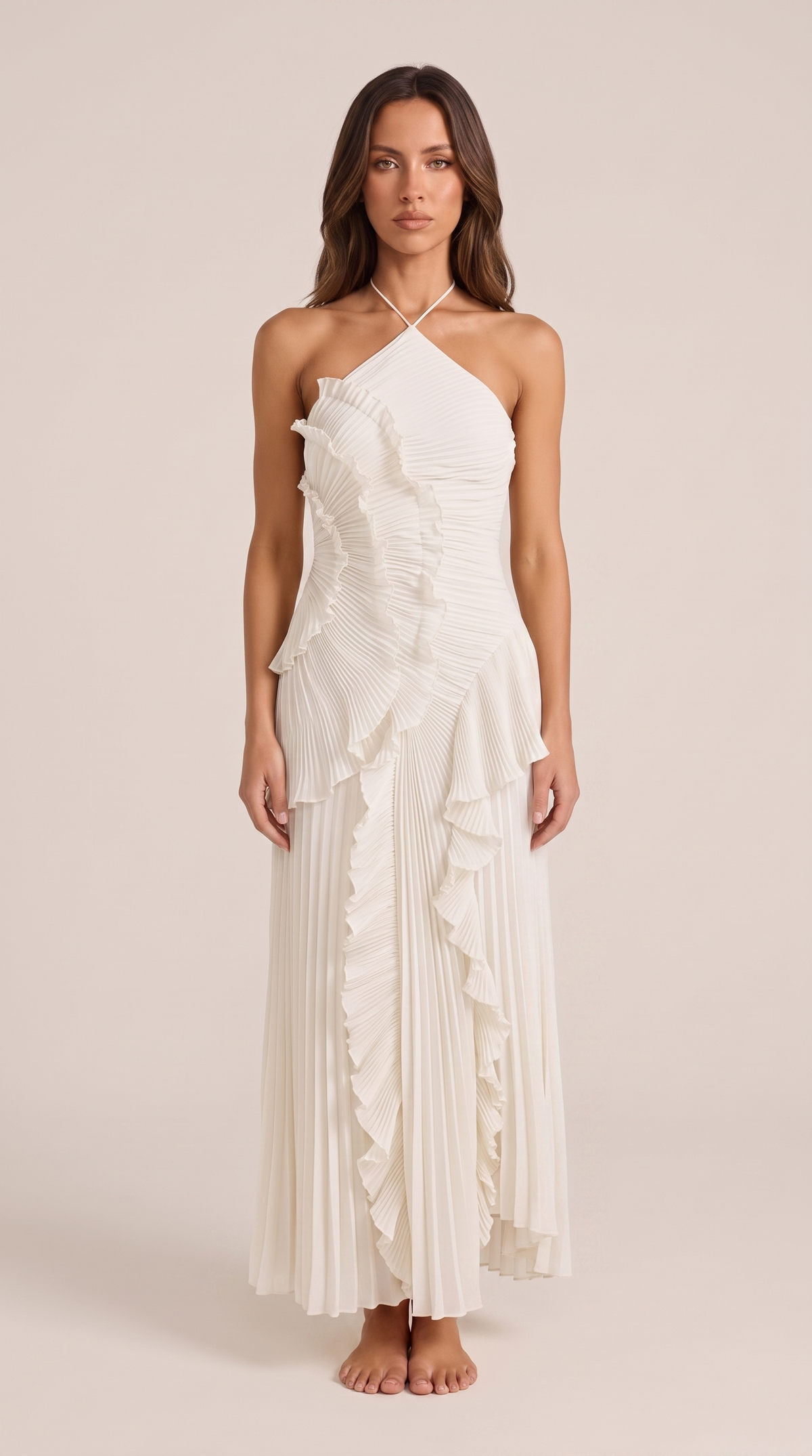Halterneck Maxi Dress Women Ruffle Asymmetric Hem Sleeveless | Yvaine