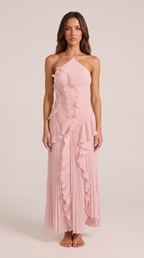Halterneck Maxi Dress Women Ruffle Asymmetric Hem Sleeveless | Yvaine