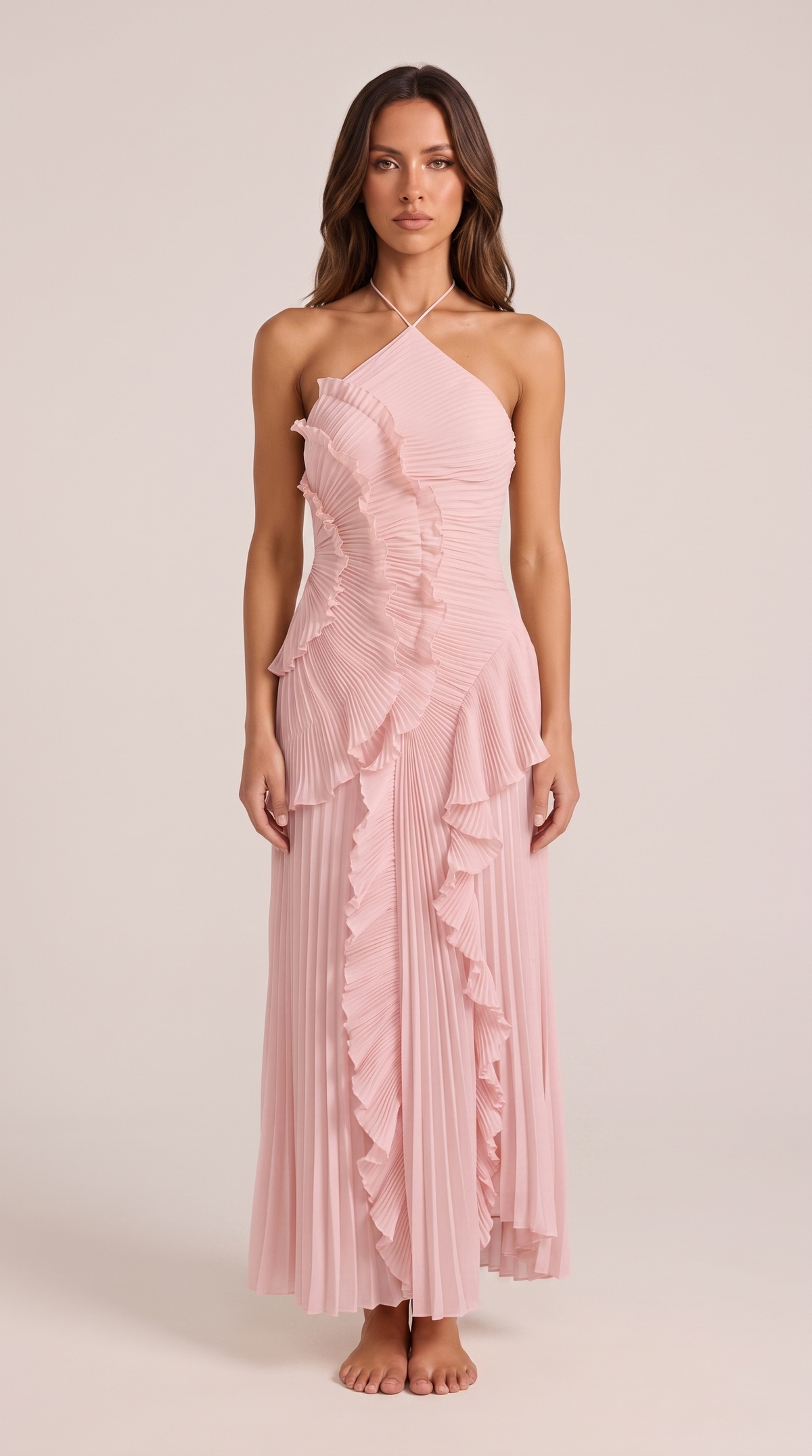 Halterneck Maxi Dress Women Ruffle Asymmetric Hem Sleeveless | Yvaine