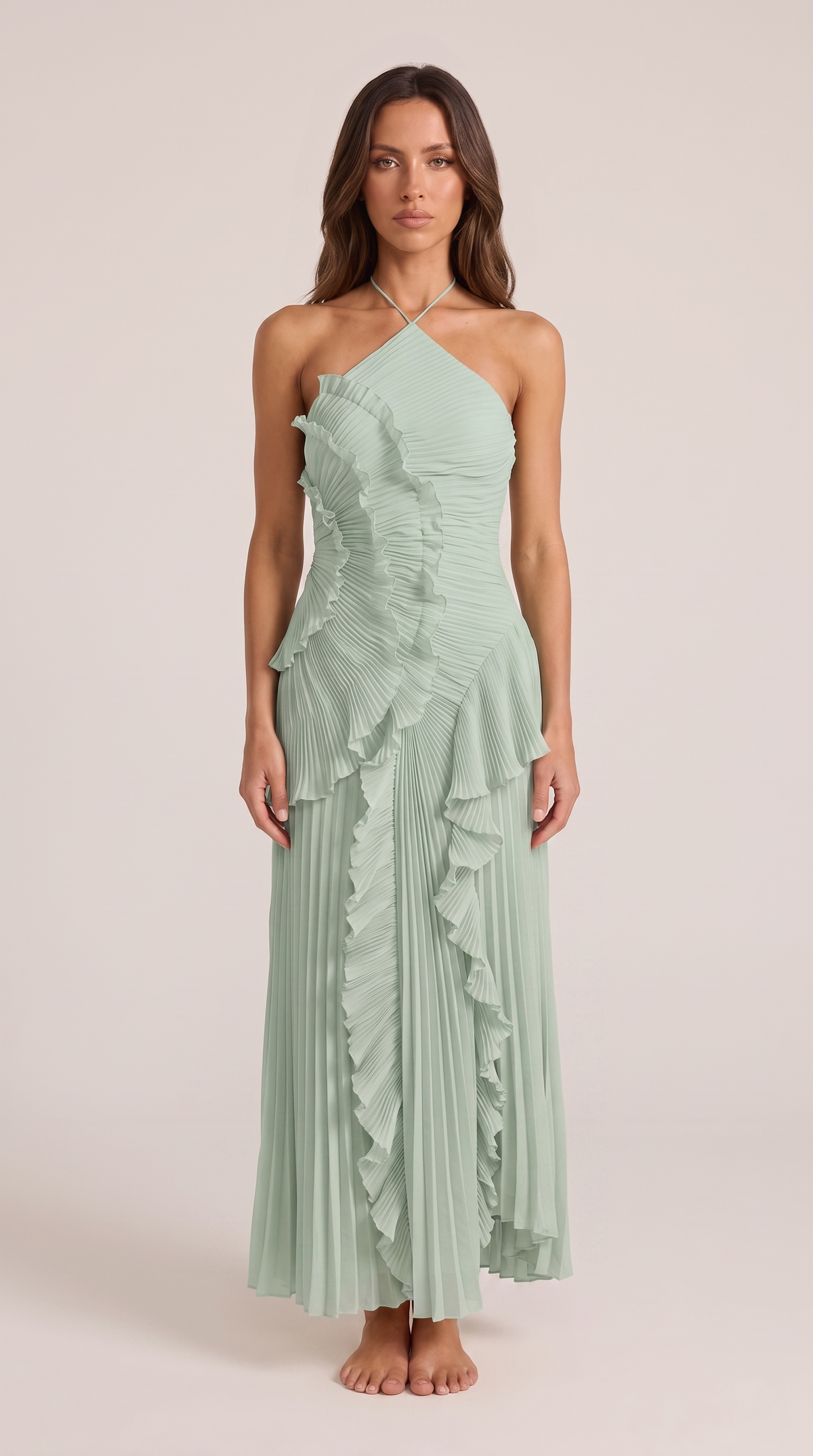 Halterneck Maxi Dress Women Ruffle Asymmetric Hem Sleeveless | Yvaine