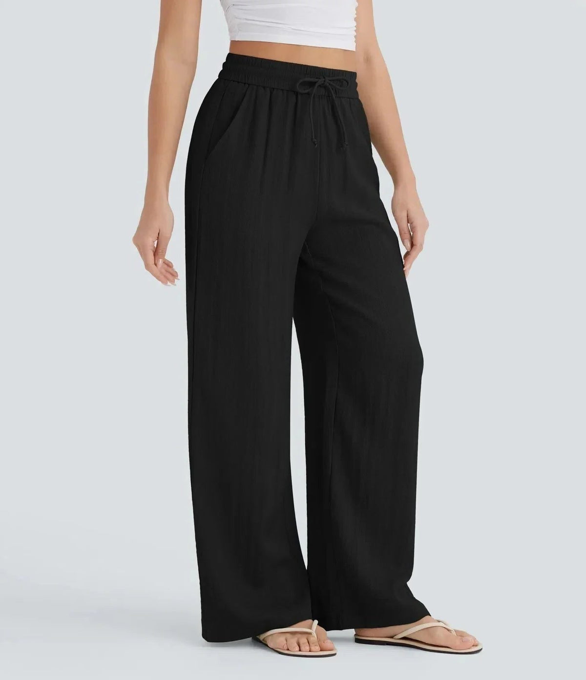 Wide Leg Linen Pants Women High Waist Drawstring | Indra