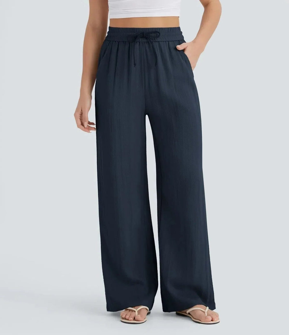 Wide Leg Linen Pants Women High Waist Drawstring | Indra