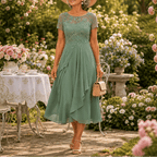 Cocktail Dress Women Lined Lace Bodice Midi Length Ruffle Skirt
