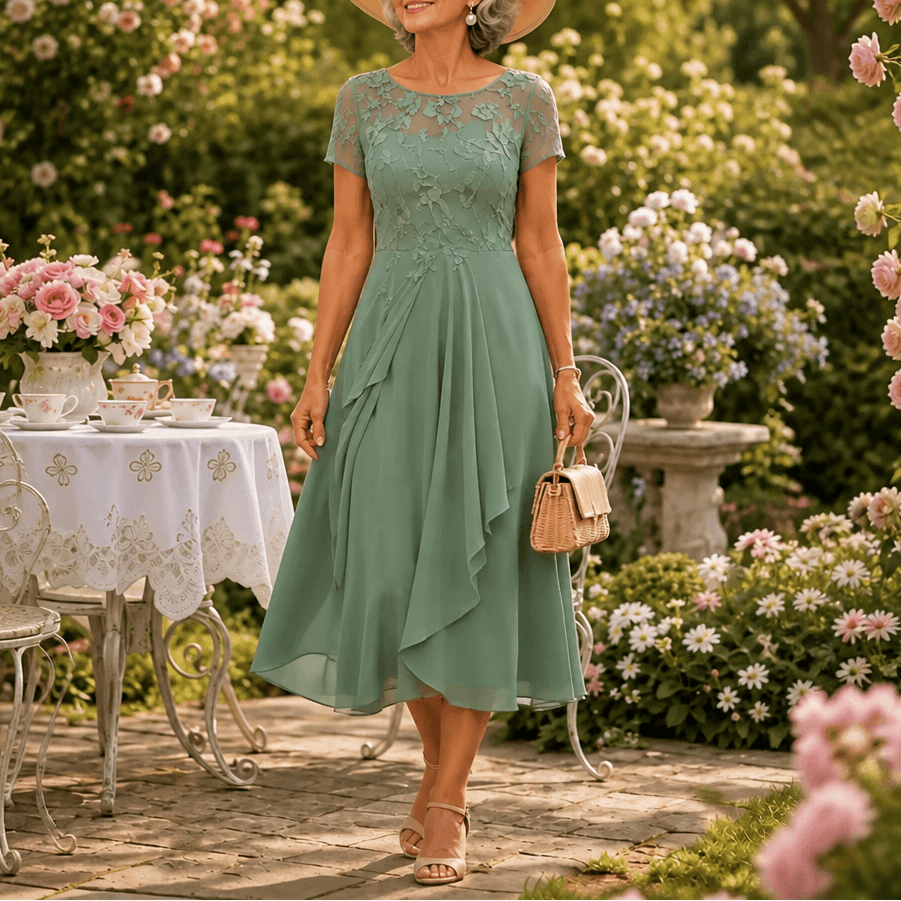 Cocktail Dress Women Lined Lace Bodice Midi Length Ruffle Skirt