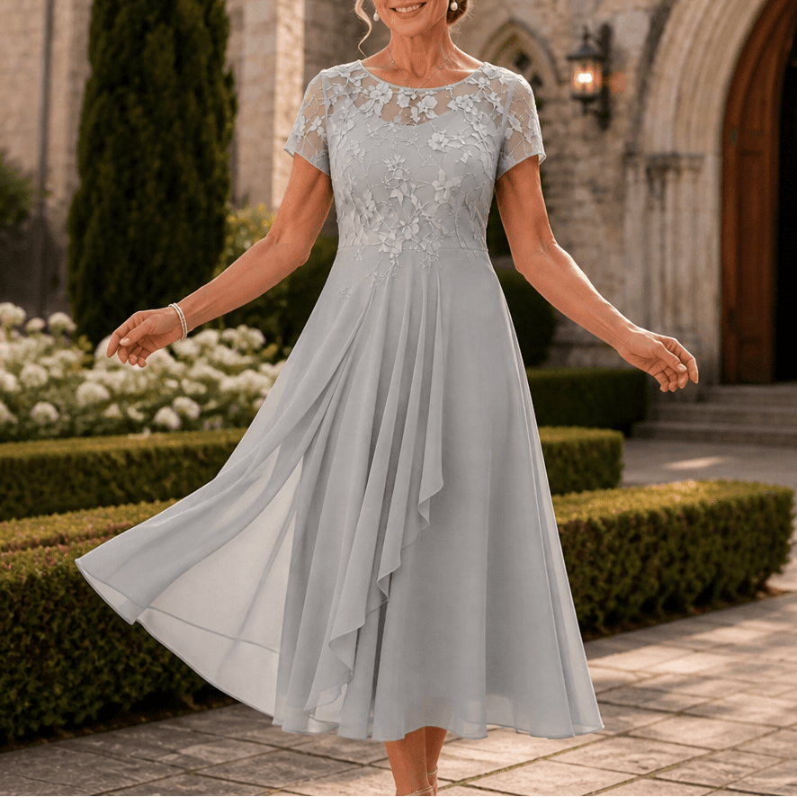 Cocktail Dress Women Lined Lace Bodice Midi Length Ruffle Skirt