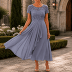 Cocktail Dress Women Lined Lace Bodice Midi Length Ruffle Skirt