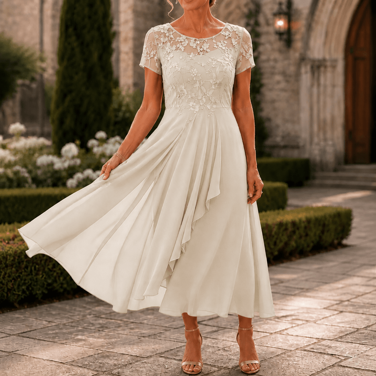 Cocktail Dress Women Lined Lace Bodice Midi Length Ruffle Skirt