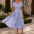 Cocktail Dress Women Lined Lace Bodice Midi Length Ruffle Skirt