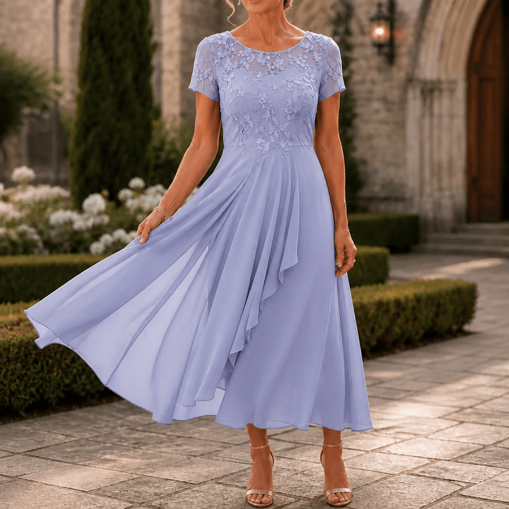 Cocktail Dress Women Lined Lace Bodice Midi Length Ruffle Skirt