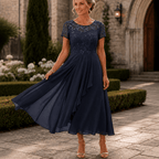 Cocktail Dress Women Lined Lace Bodice Midi Length Ruffle Skirt