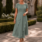 Cocktail Dress Women Lined Lace Bodice Midi Length Ruffle Skirt