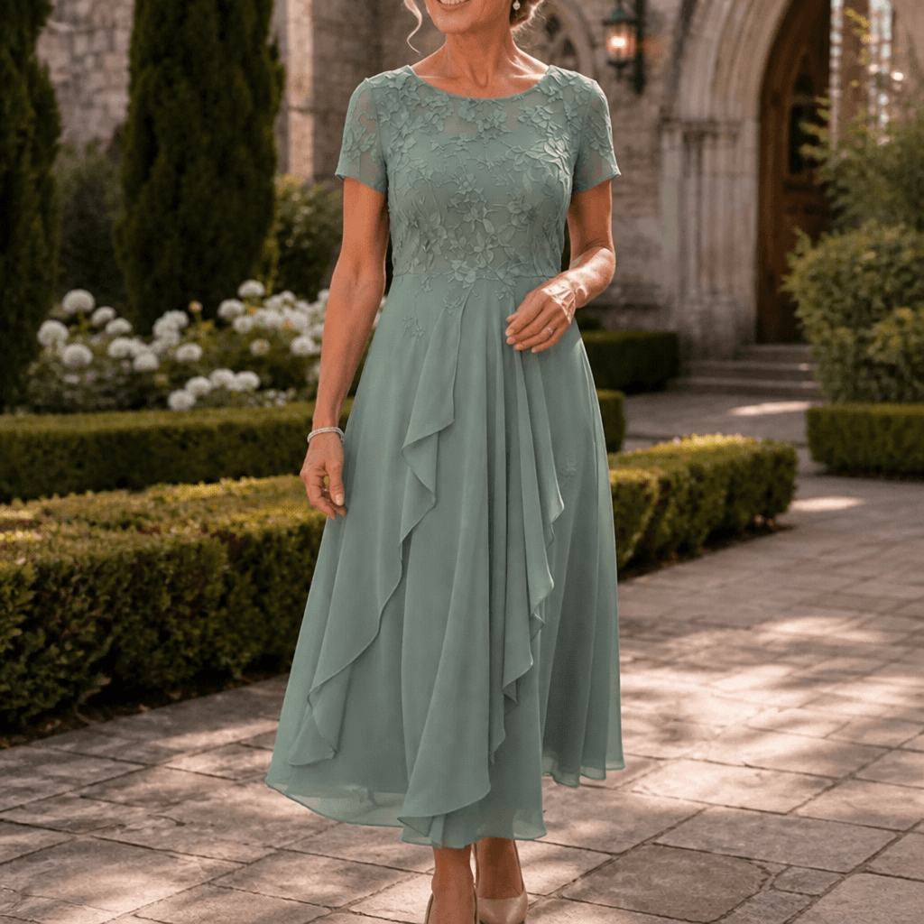 Cocktail Dress Women Lined Lace Bodice Midi Length Ruffle Skirt