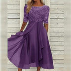 Cocktail Party Dress Women Midi Lace Chiffon Three Quarter Sleeve