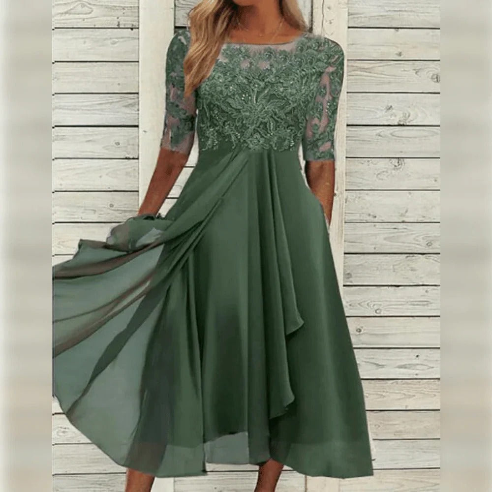Cocktail Party Dress Women Midi Lace Chiffon Three Quarter Sleeve