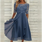 Cocktail Party Dress Women Midi Lace Chiffon Three Quarter Sleeve
