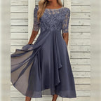 Cocktail Party Dress Women Midi Lace Chiffon Three Quarter Sleeve