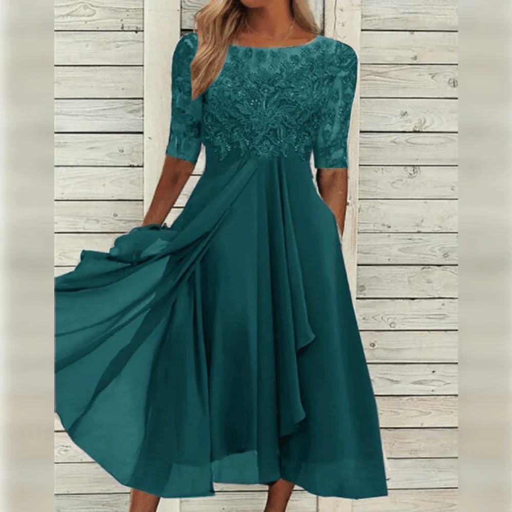 Cocktail Party Dress Women Midi Lace Chiffon Three Quarter Sleeve