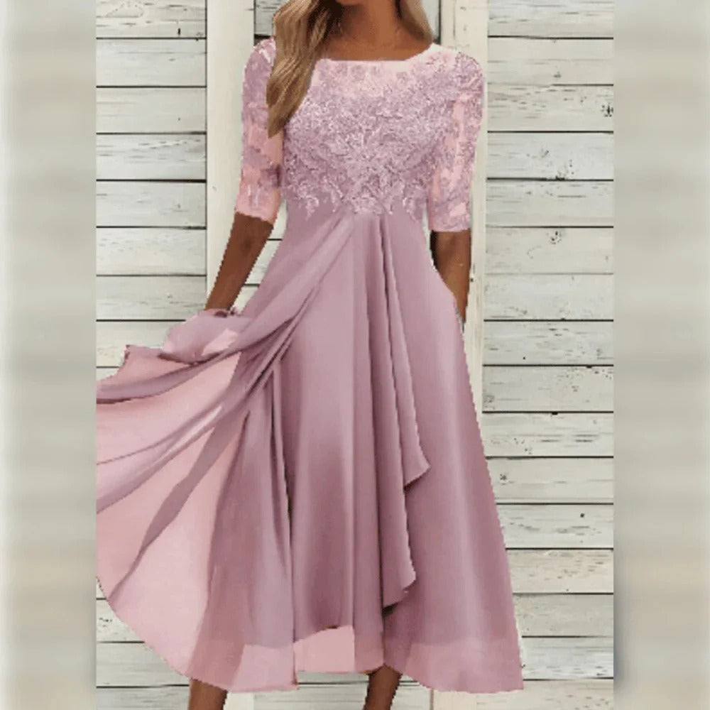 Cocktail Party Dress Women Midi Lace Chiffon Three Quarter Sleeve