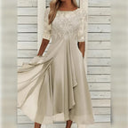 Cocktail Party Dress Women Midi Lace Chiffon Three Quarter Sleeve