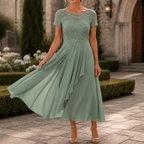 Cocktail Dress Women Lined Lace Bodice Midi Length Ruffle Skirt