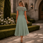 Cocktail Dress Women Lined Lace Bodice Midi Length Ruffle Skirt