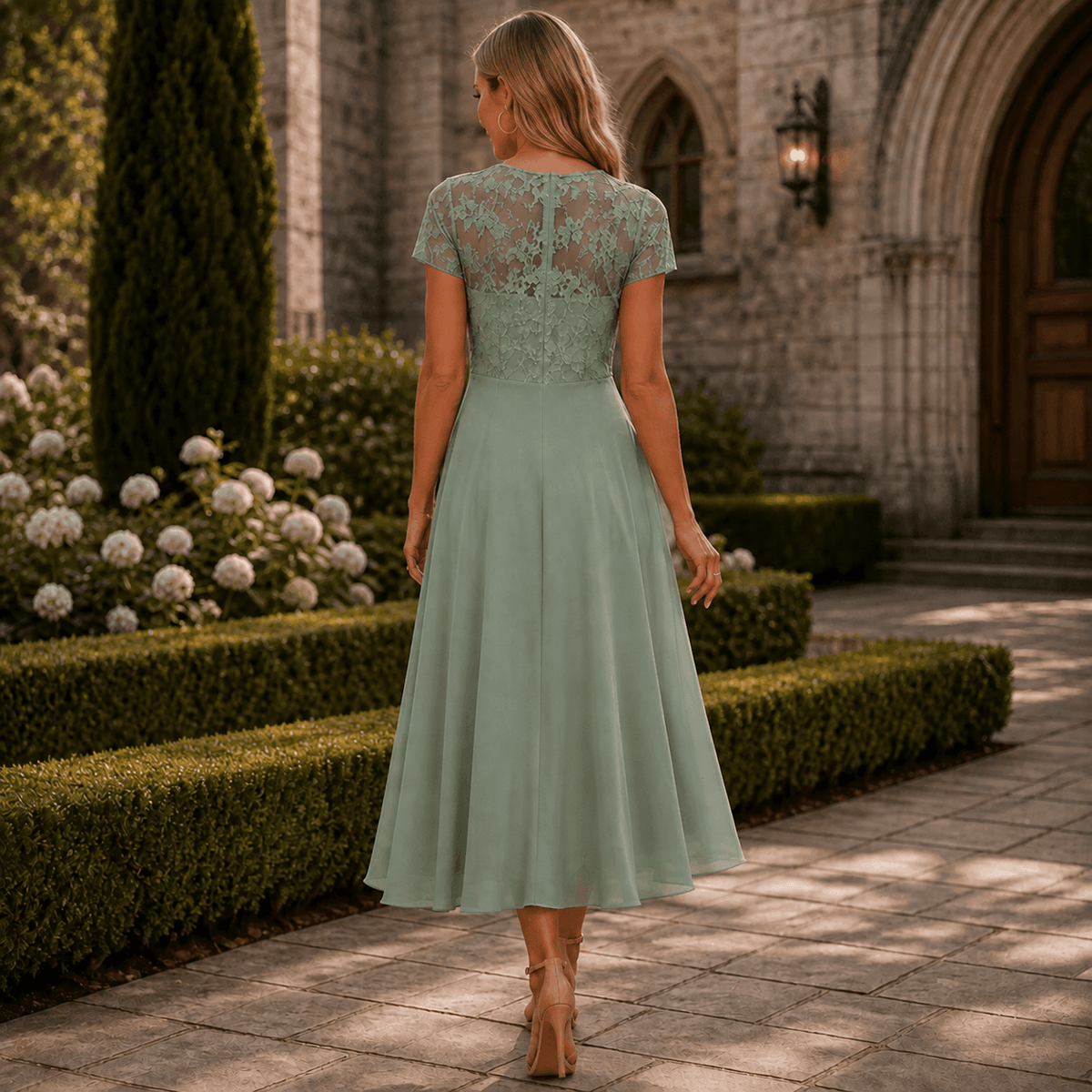 Cocktail Dress Women Lined Lace Bodice Midi Length Ruffle Skirt