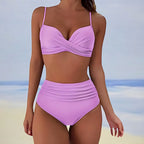 High Waist Bikini Set Women V Neck Twist Detail Two Piece Solid