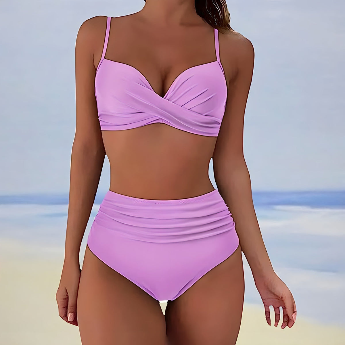 High Waist Bikini Set Women V Neck Twist Detail Two Piece Solid