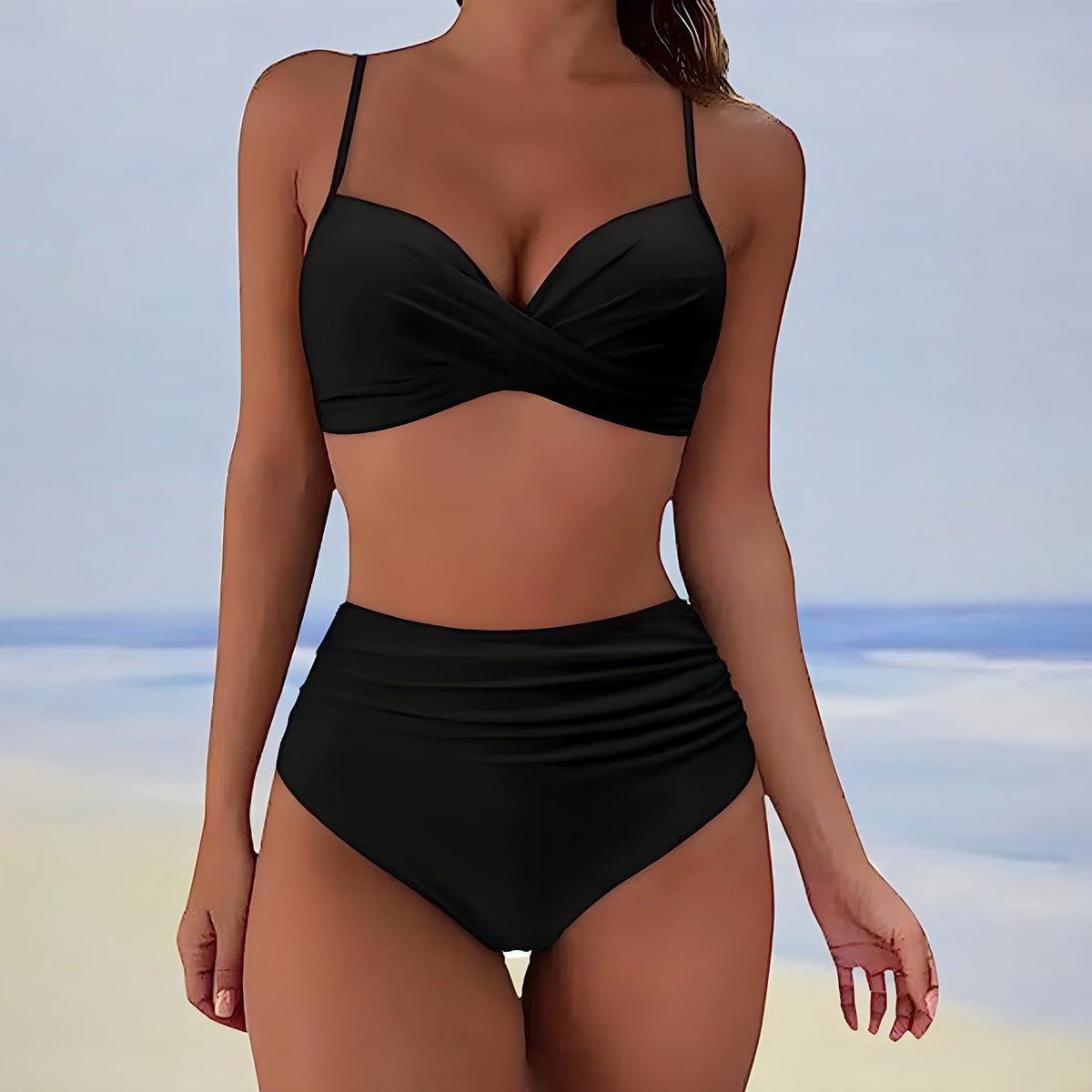 High Waist Bikini Set Women V Neck Twist Detail Two Piece Solid