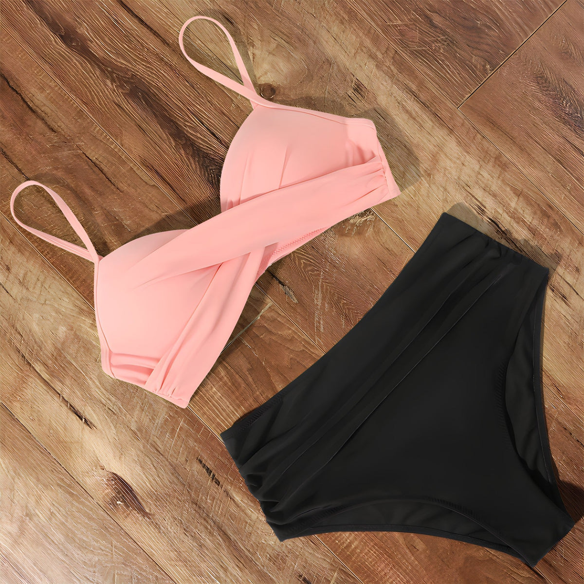 High Waist Bikini Set Women V Neck Twist Detail Two Piece Solid