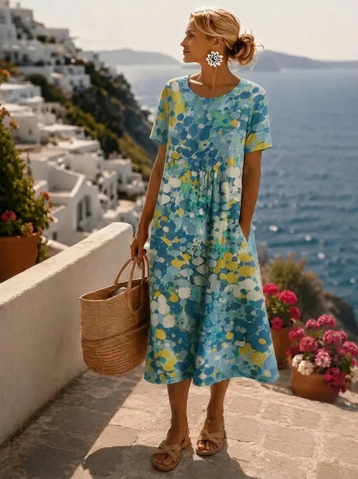 Floral Dress Women Midi Length Short Sleeve Lightweight Flowy