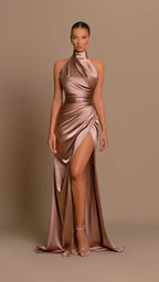 Ondine | Satin Maxi Dress | Rose Gold, High Slit | Women's Formal