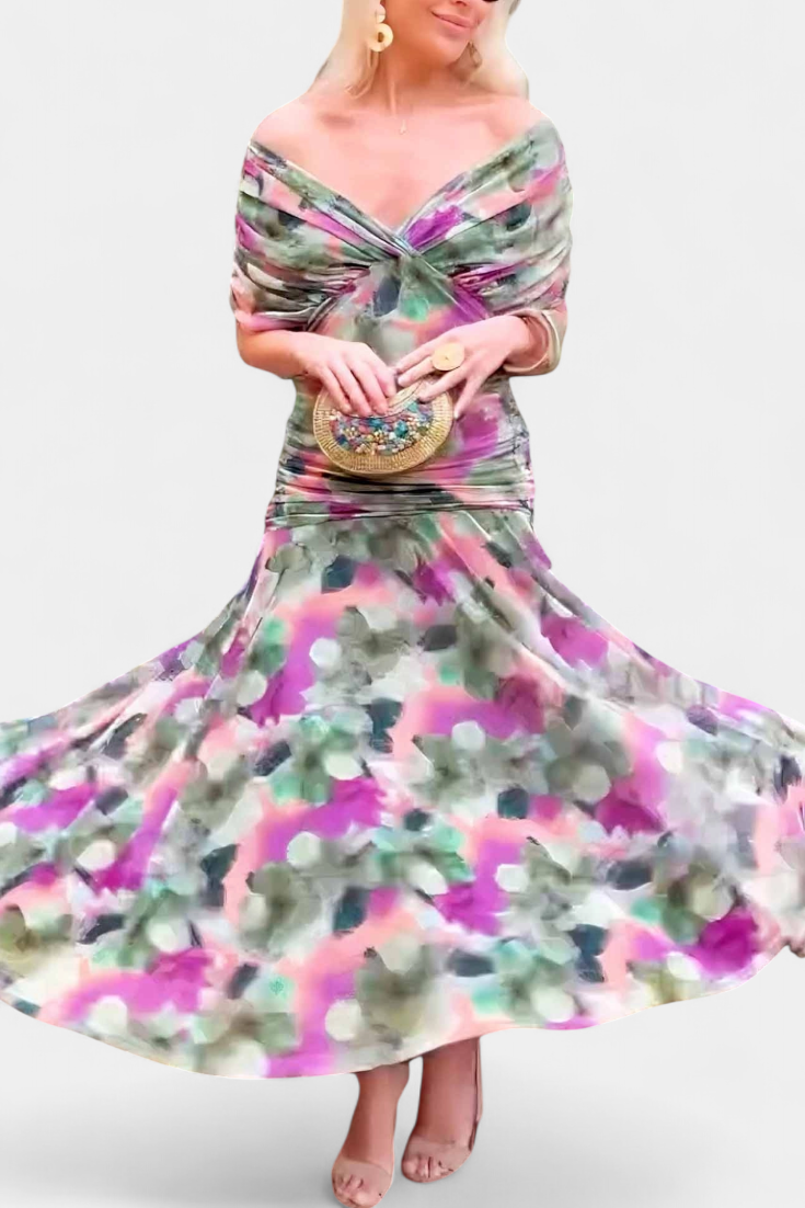 Summer Dress | Women Off Shoulder Draped Neckline Flowy Maxi Dress