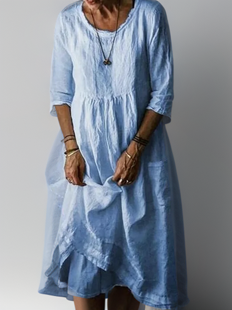 Women Cotton Linen Midi Dress Pleated