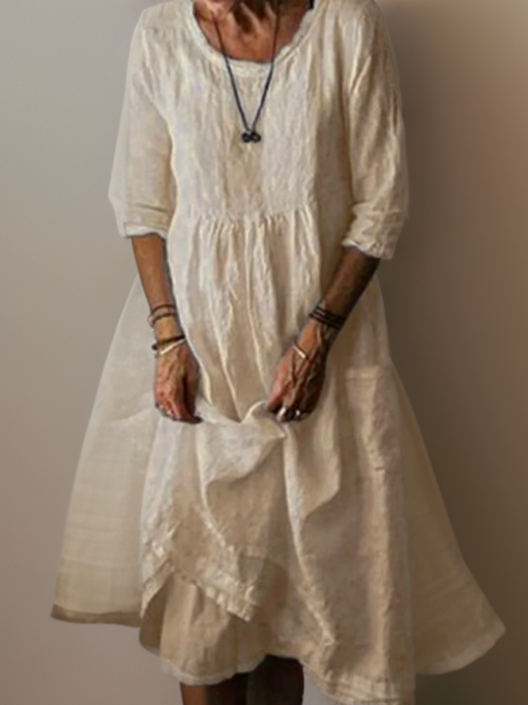 Women Cotton Linen Midi Dress Pleated