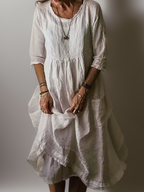 Women Cotton Linen Midi Dress Pleated