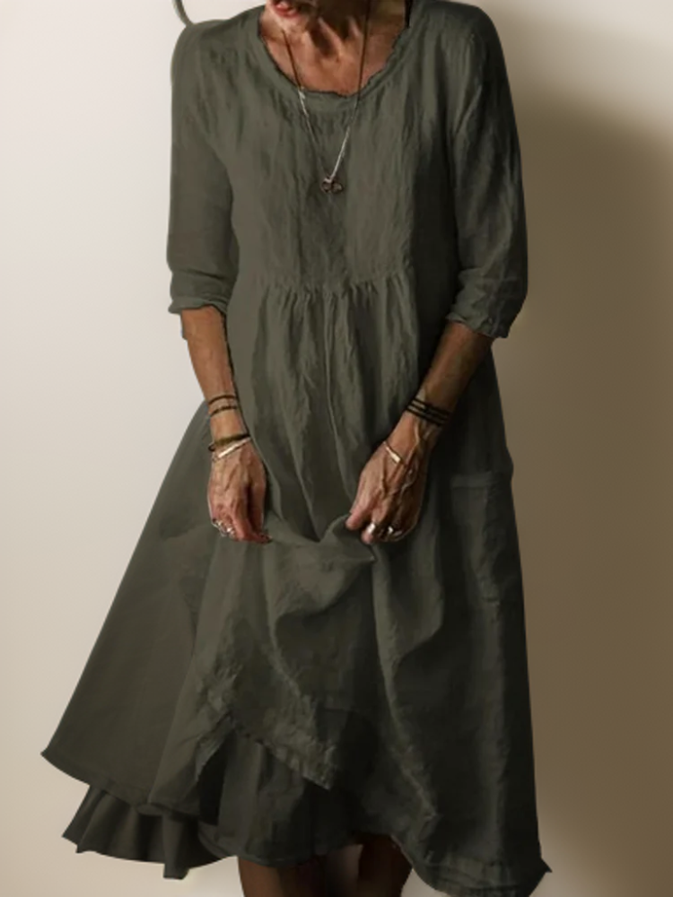 Women Cotton Linen Midi Dress Pleated